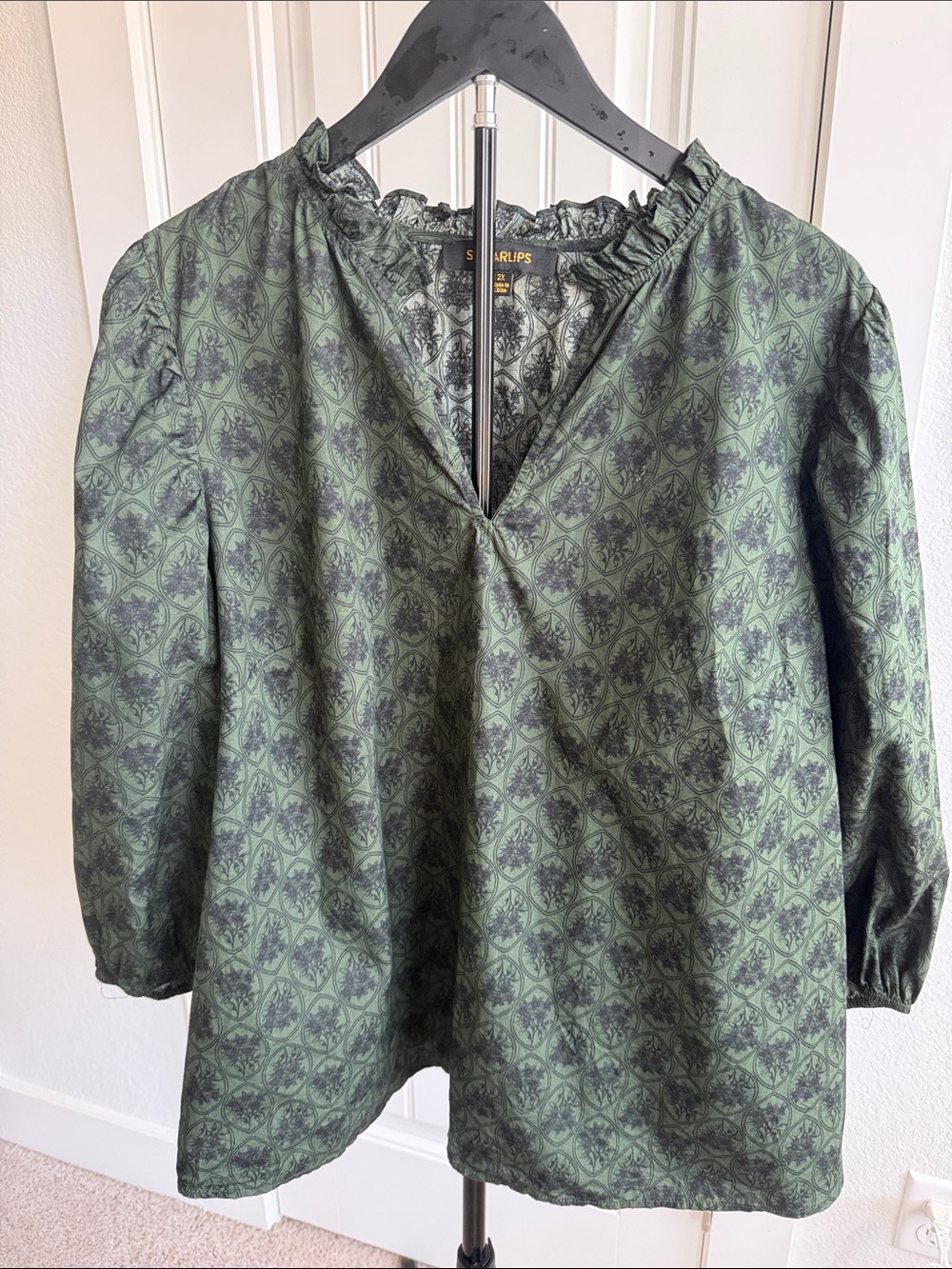 Sugar lips Olive Green Floral-Pattern Ruffle-Neck Blouse